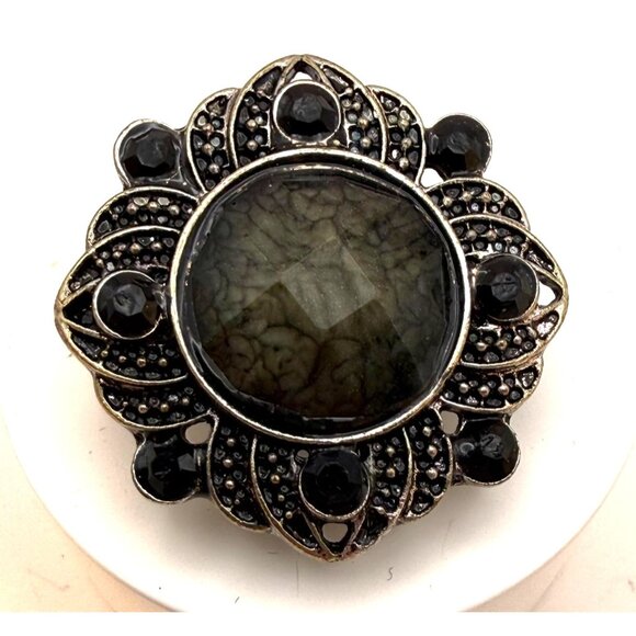 VTG Silver Tone Black Statement Ring Ornate Filigree Large Fashion Jewelry - Picture 2 of 9